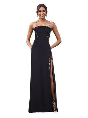 Black Grommet-Accent Spaghetti Strap Evening Dress
